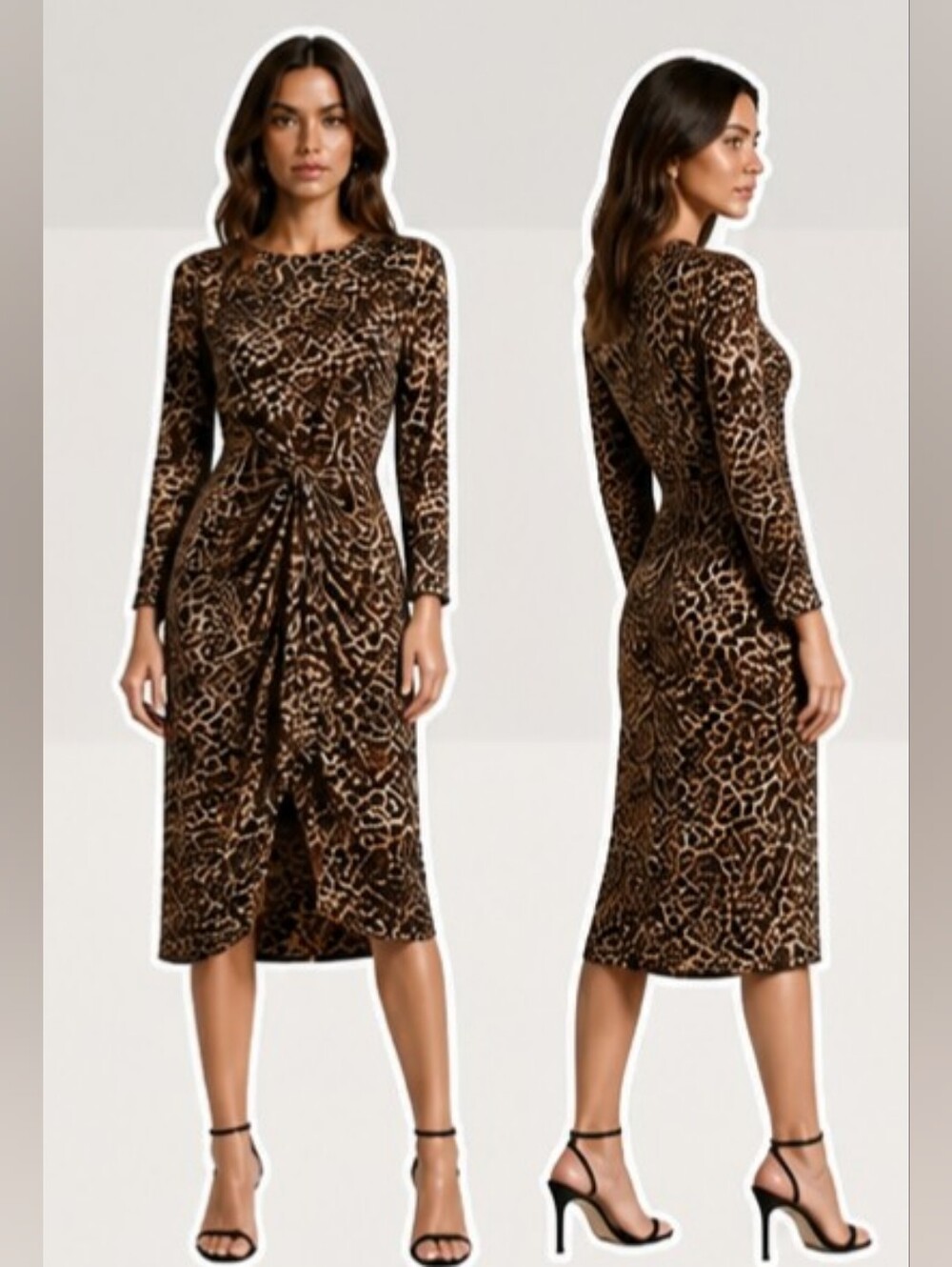 📣 Vintage 90s Maggie London Silk Leopard🐆Tie Knot Waist Bodicon Midi Dress 8P